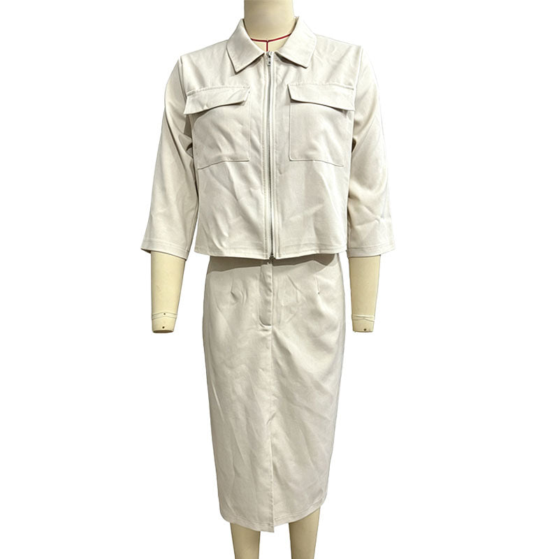 Collared zip-up jacket and high-waisted slit midi skirt set