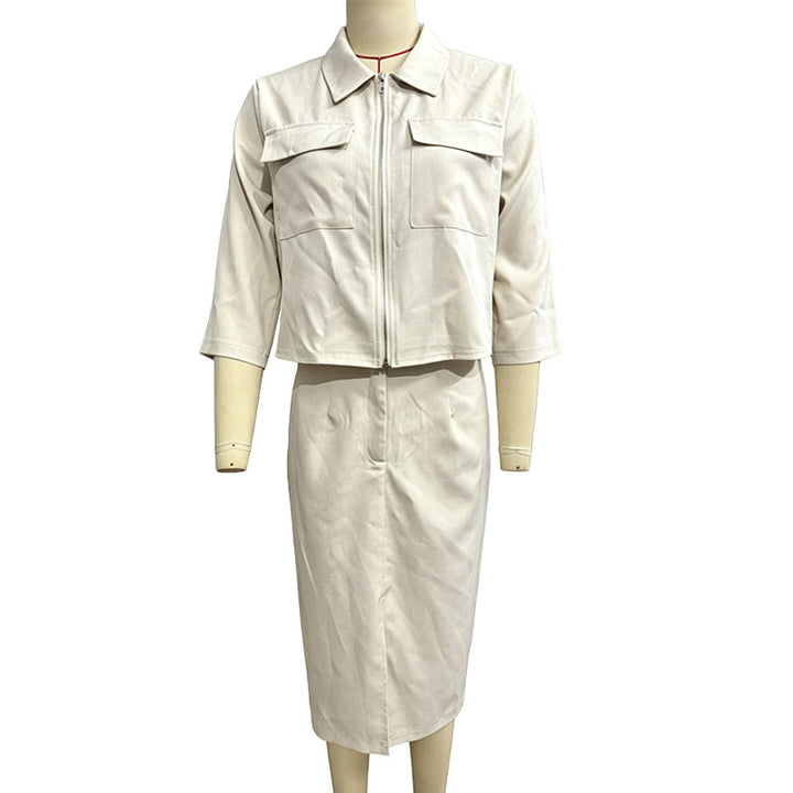 Collared zip-up jacket and high-waisted slit midi skirt set