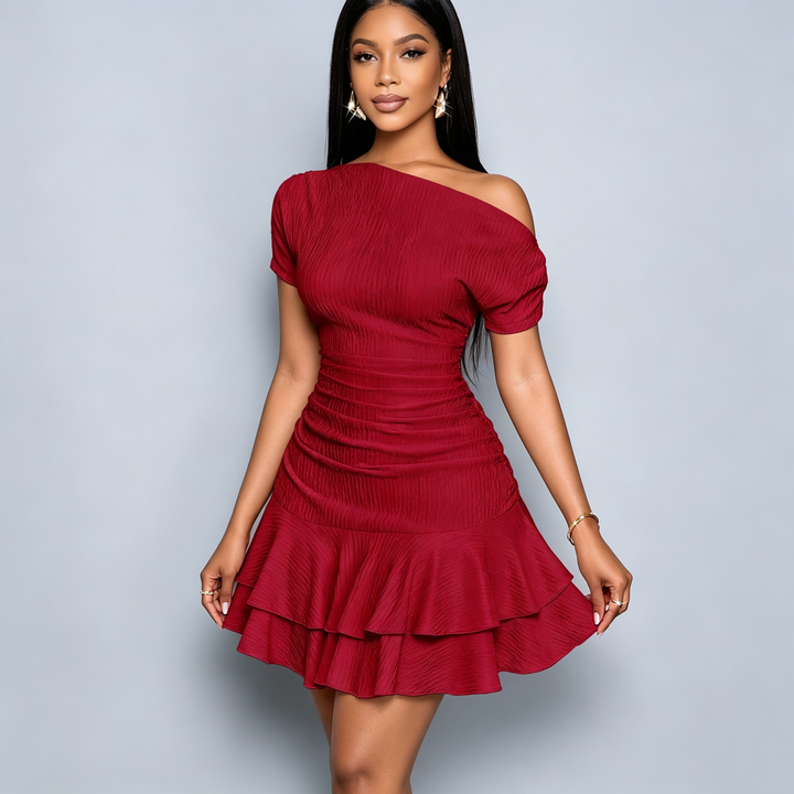 Solid Asymmetrical Shoulder Ruffle Hem Mini Dress