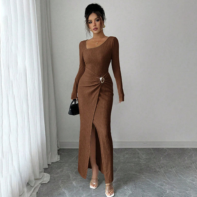 Long-sleeved irregular neckline slit dress