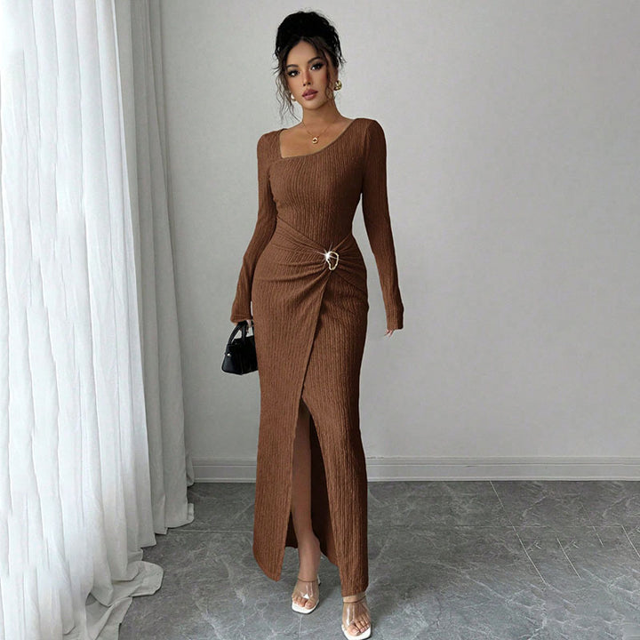Long-sleeved irregular neckline slit dress