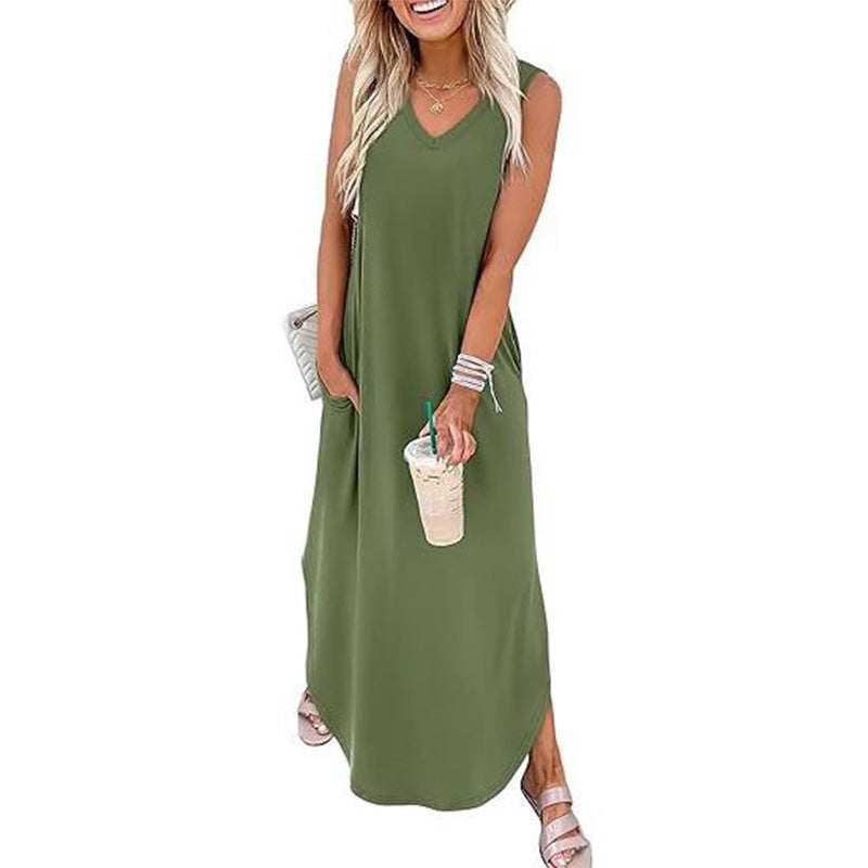 Casual sleeveless V-neck long dress