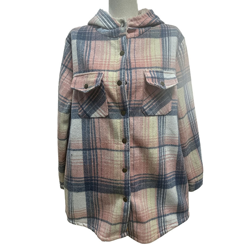 Casual hooded plaid fleece jacket