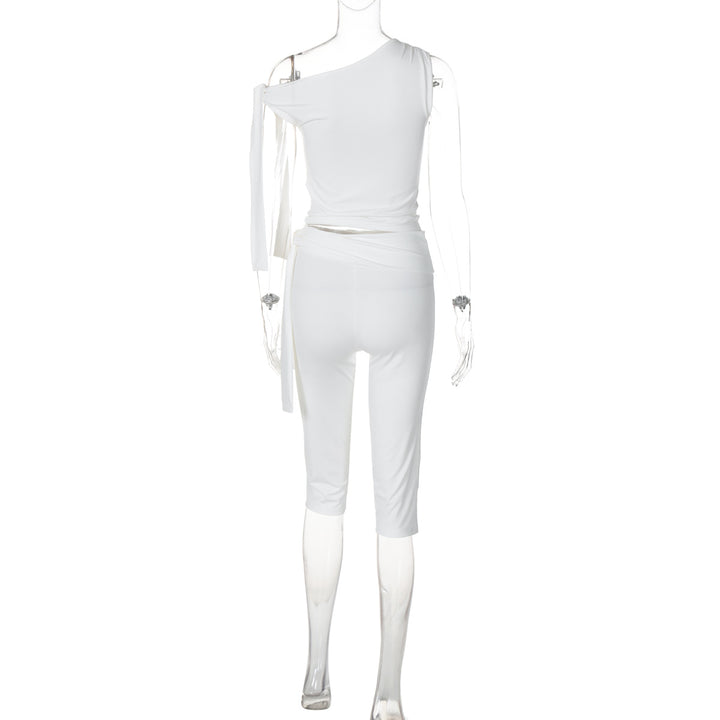 One-shoulder tie-strap top and cropped trousers set