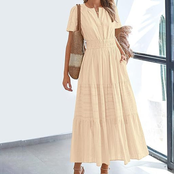 V-neck puff sleeve pleated midi dress