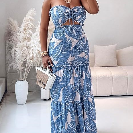 Strapless Leaf Print Maxi Dress