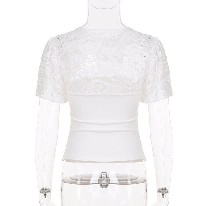 Lace cutout fitted short-sleeved top