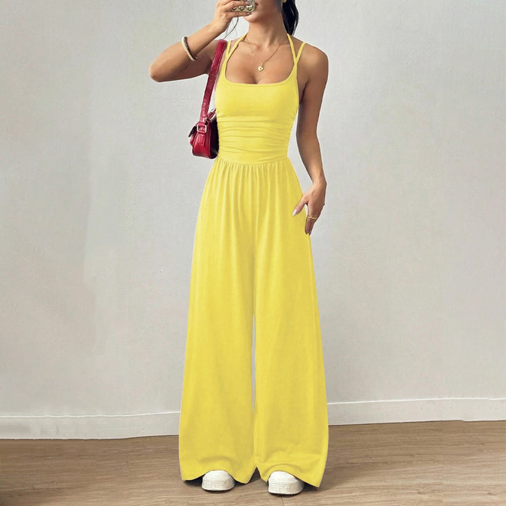 Backless Halter Ruched High Waist Wide Leg Jumpsuit