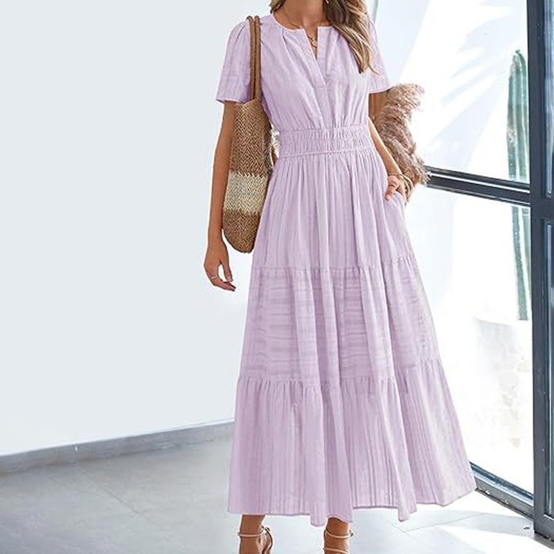V-neck puff sleeve pleated midi dress