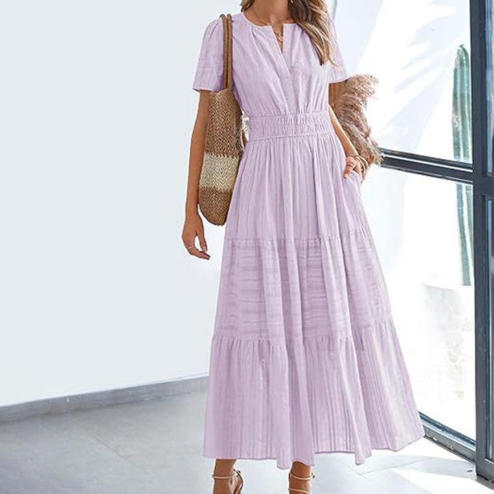 V-neck puff sleeve pleated midi dress
