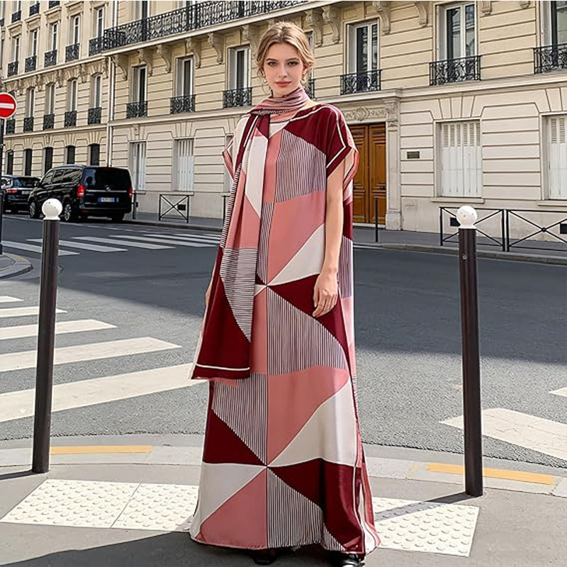 Satin Geometric Print Long Dress Set