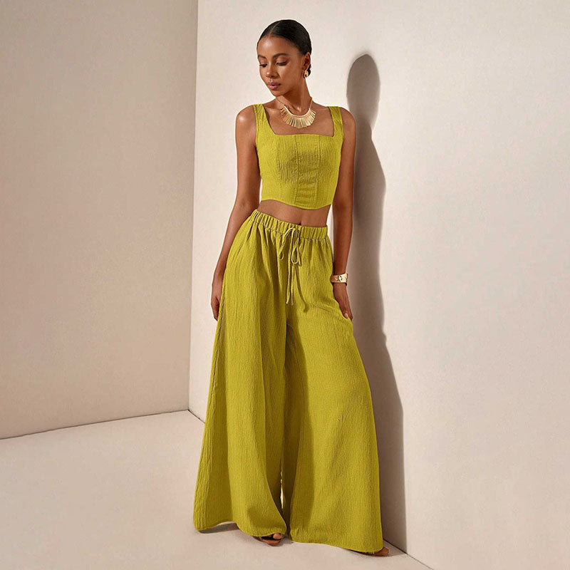 Square-neck cropped top and wide-leg trousers set
