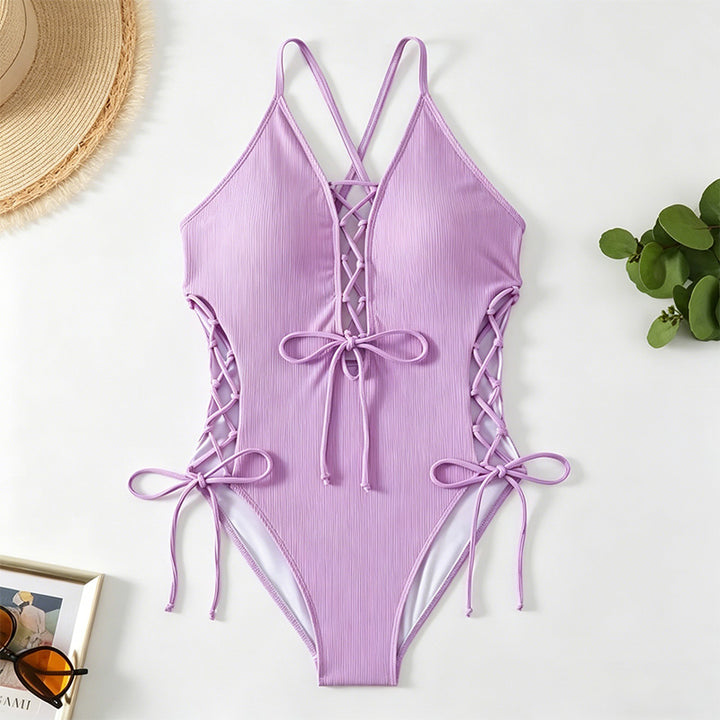 Lace-Up Crisscross Halter One-Piece Swimsuit