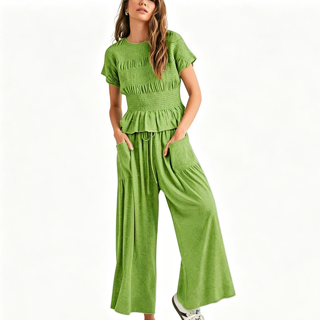 Pleated Ruffle Top and Wide-Leg Pants Set