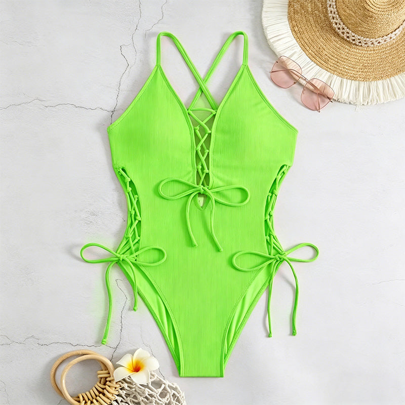 Lace-Up Crisscross Halter One-Piece Swimsuit