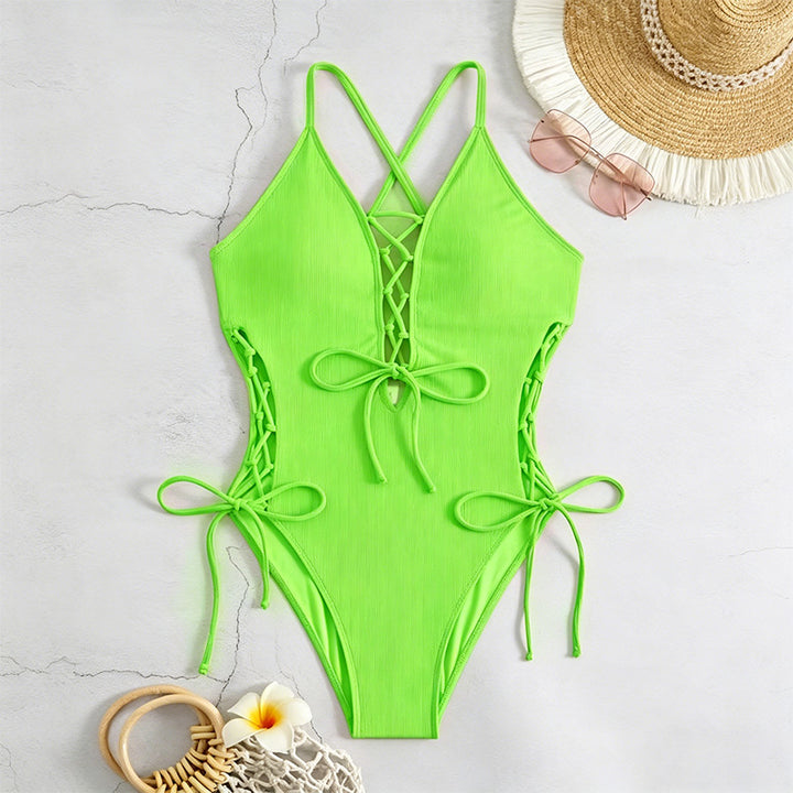 Lace-Up Crisscross Halter One-Piece Swimsuit
