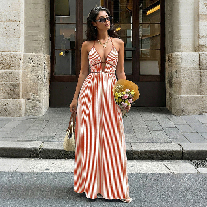 Retro striped rope-trimmed suspender maxi dress