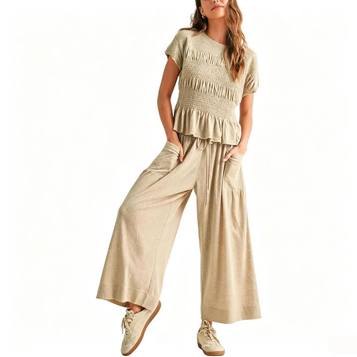 Pleated Ruffle Top and Wide-Leg Pants Set