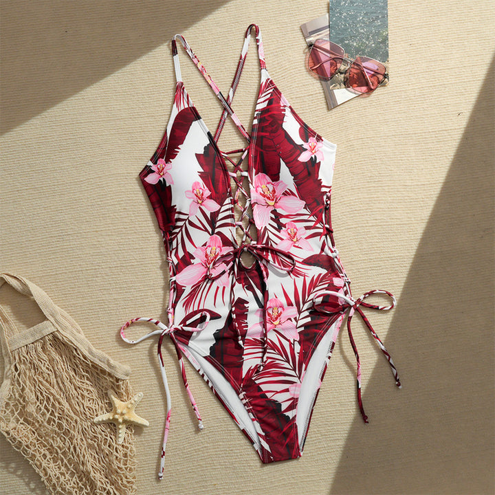 Lace-Up Crisscross Halter One-Piece Swimsuit