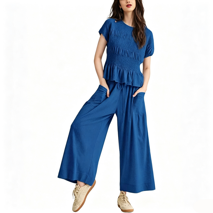 Pleated Ruffle Top and Wide-Leg Pants Set