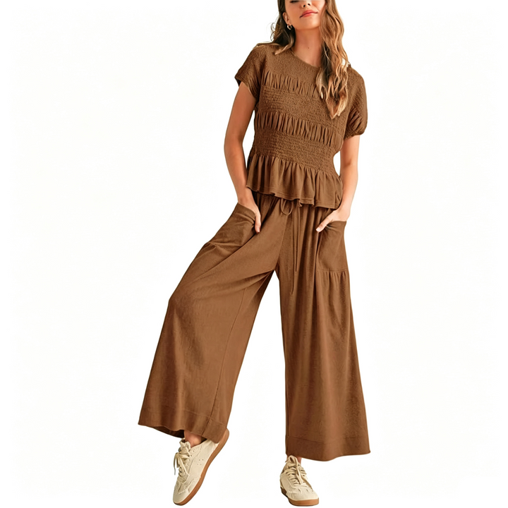 Pleated Ruffle Top and Wide-Leg Pants Set