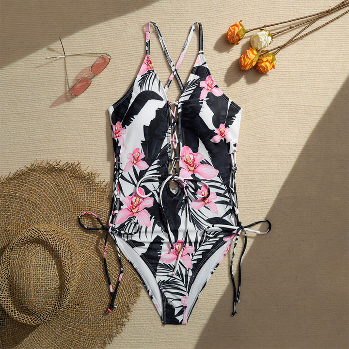 Lace-Up Crisscross Halter One-Piece Swimsuit