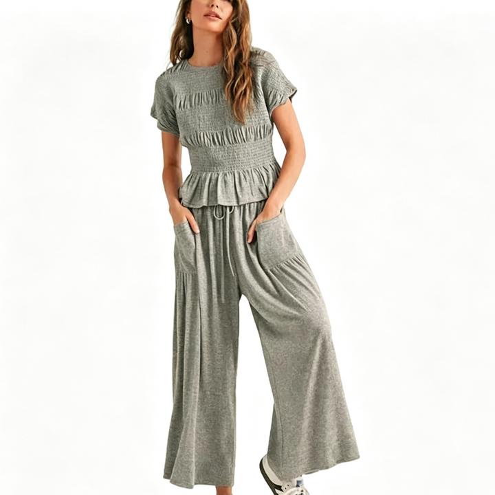 Pleated Ruffle Top and Wide-Leg Pants Set