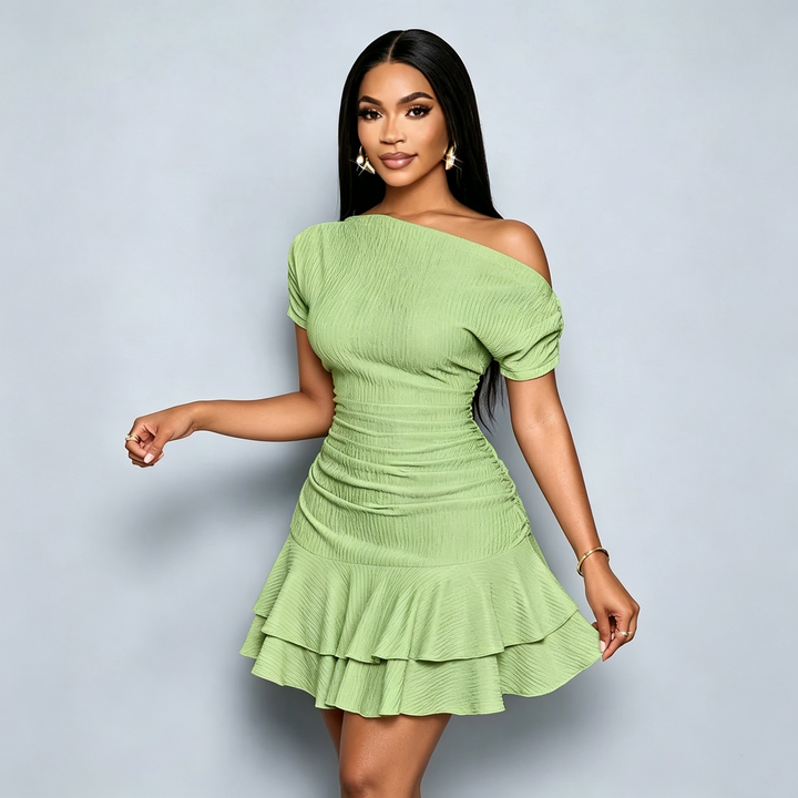 Solid Asymmetrical Shoulder Ruffle Hem Mini Dress