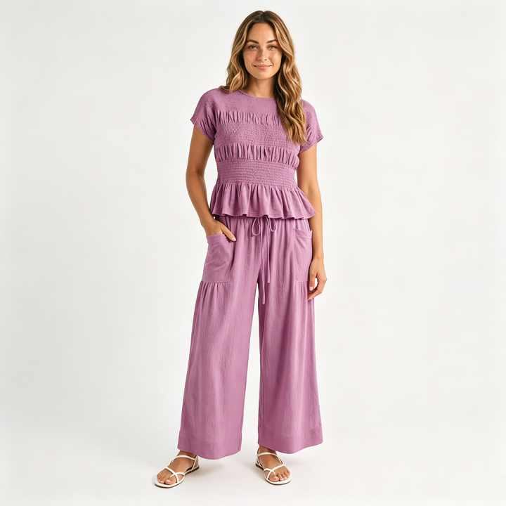 Pleated Ruffle Top and Wide-Leg Pants Set