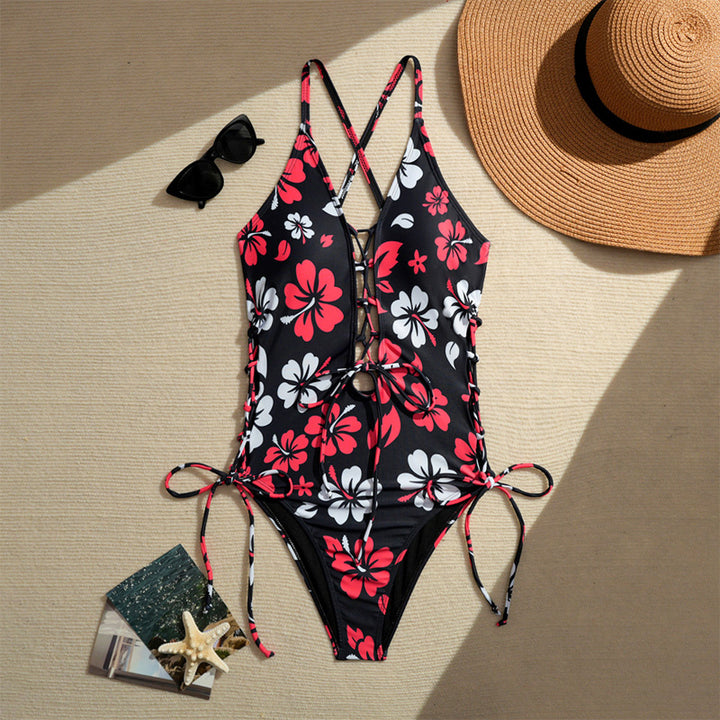 Lace-Up Crisscross Halter One-Piece Swimsuit