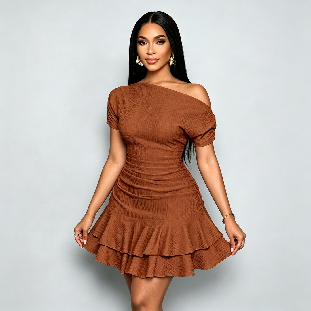 Solid Asymmetrical Shoulder Ruffle Hem Mini Dress
