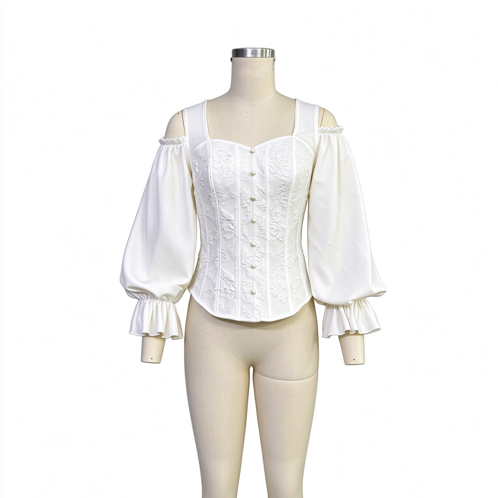 Ladies Elegant Cold Shoulder Floral Jacquard Shirt