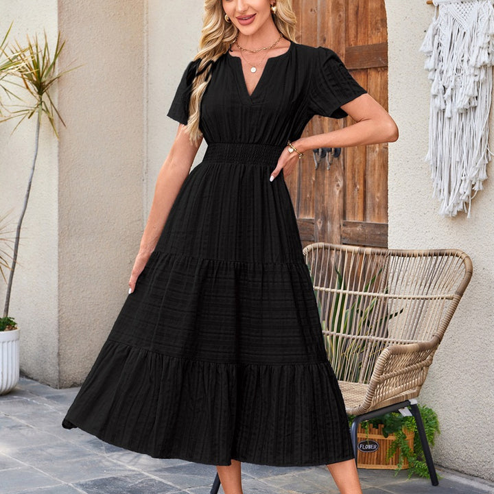 V-neck puff sleeve pleated midi dress