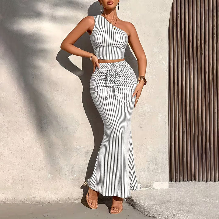 One-shoulder striped cropped top and fishtail skirt set