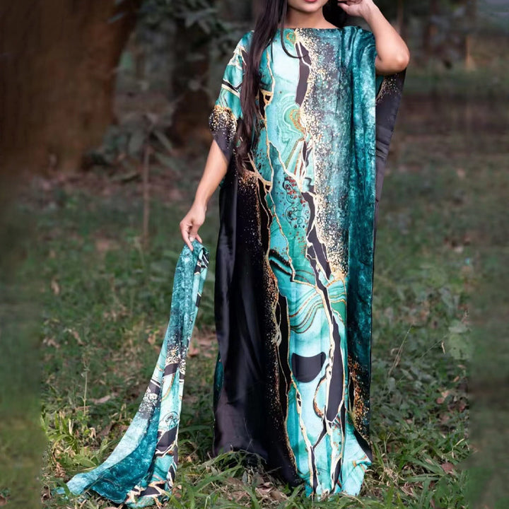 Satin Geometric Print Long Dress Set