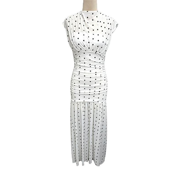 Polka-dot pleated waist-cinching dress