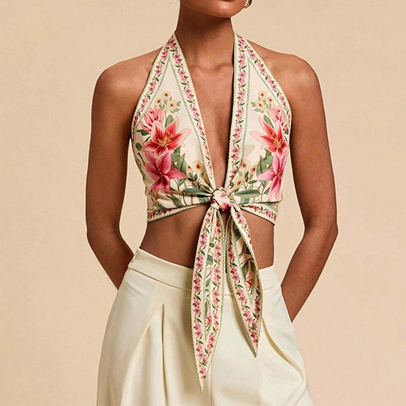 Bohemian floral backless tie-front top