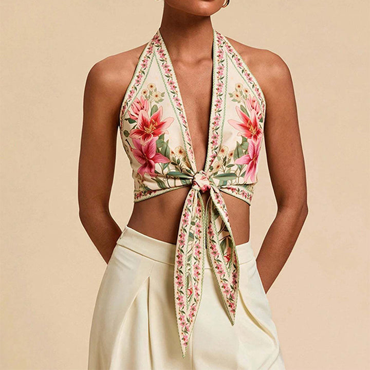 Bohemian floral backless tie-front top