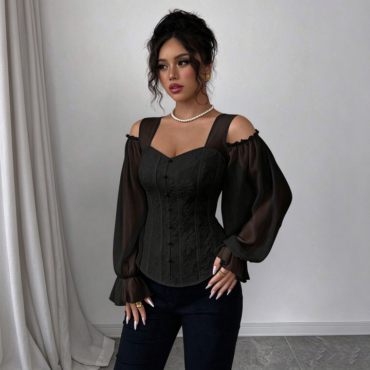 Ladies Elegant Cold Shoulder Floral Jacquard Shirt