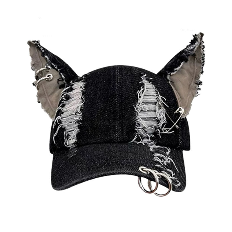Ripped denim animal ear street style hat