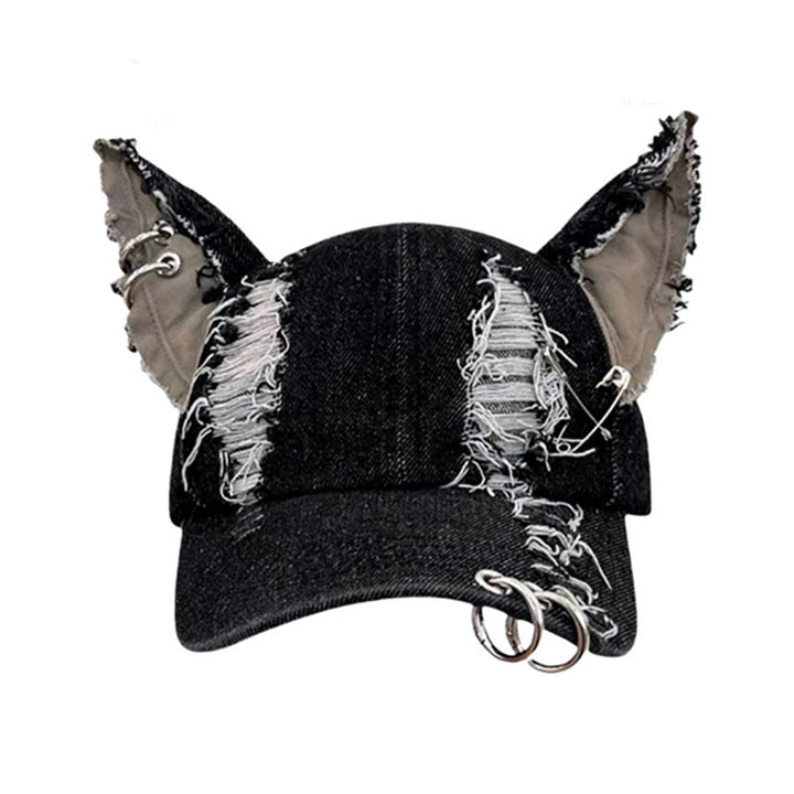 Ripped denim animal ear street style hat