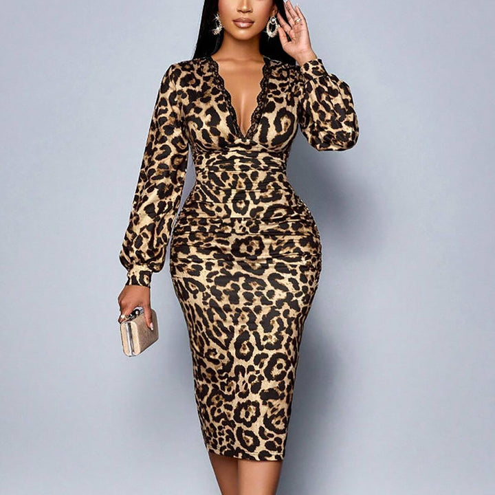 Wild Elegance Leopard Lace V-Neck Midi Dress