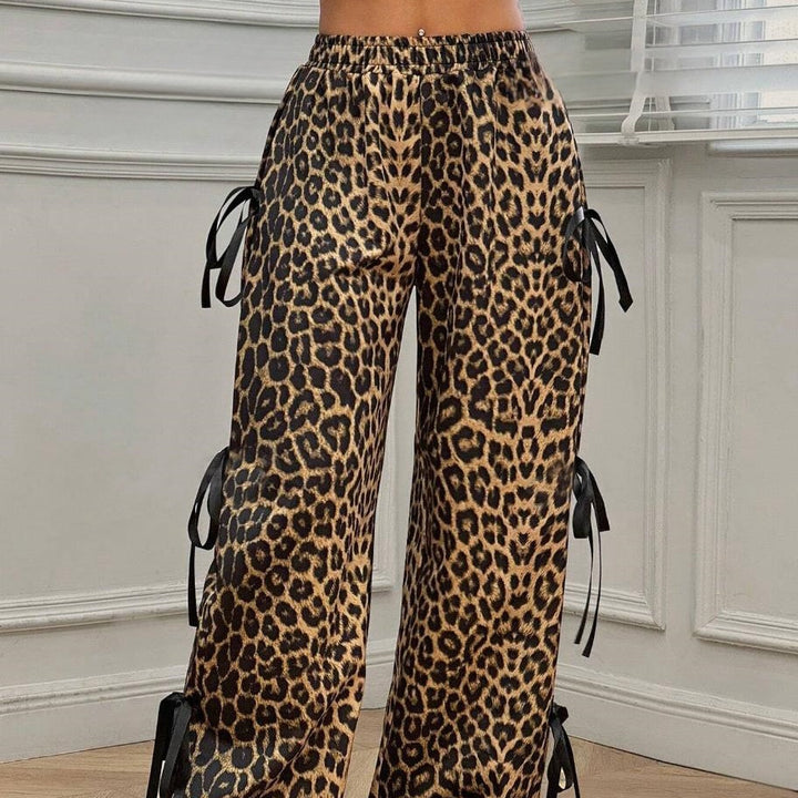 Leopard Print Bow Tie Wide Leg Pants
