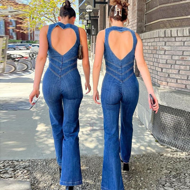 Sleeveless deep V-neck zipper denim flared jumpsuit