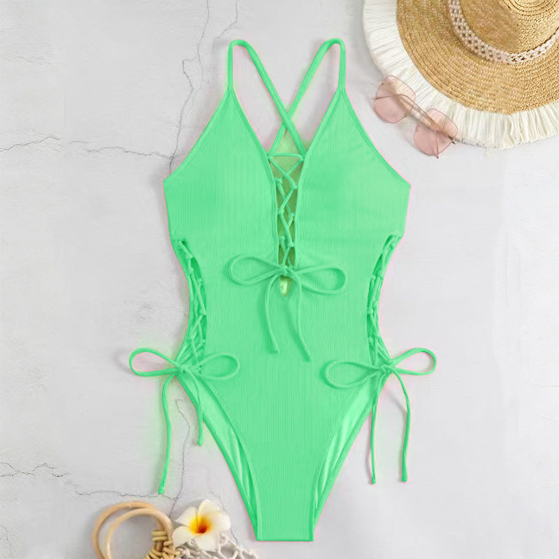 Lace-Up Crisscross Halter One-Piece Swimsuit