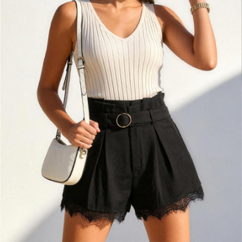 High-waisted lace-trimmed shorts