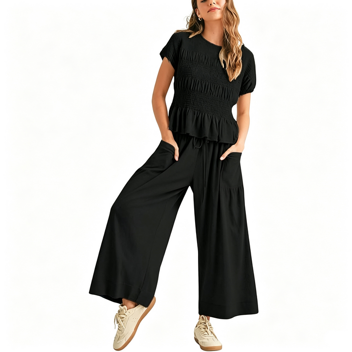 Pleated Ruffle Top and Wide-Leg Pants Set