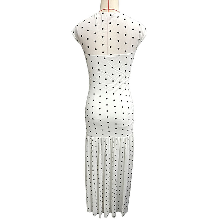 Polka-dot pleated waist-cinching dress