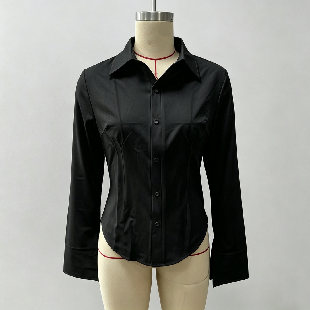 Slim-fit V-neck waist-cinching long-sleeved shirt