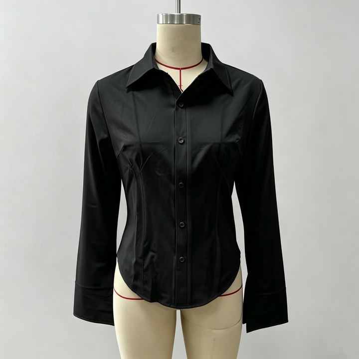 Slim-fit V-neck waist-cinching long-sleeved shirt